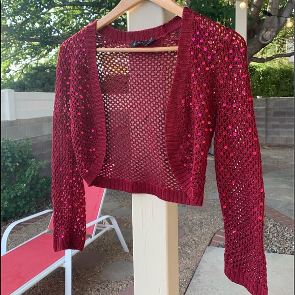 The Limited Sweaters - The Limited Y2K cropped sequins perforated cardigan wine color size S